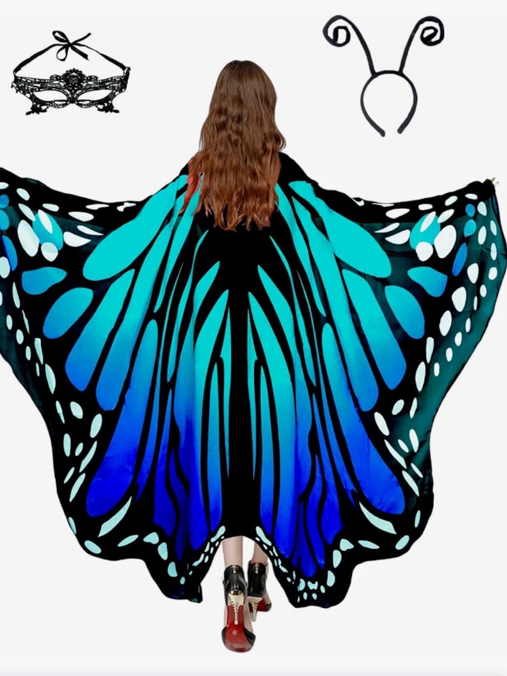 One size women's butterfly, wings, mask, and headband